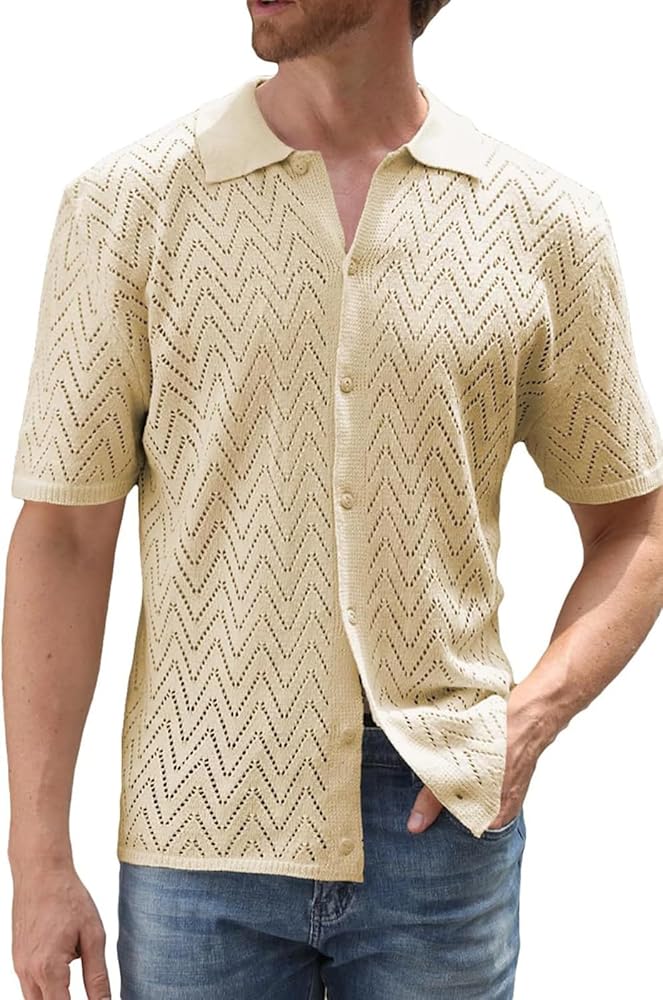 RICOCHO Men's Knit Hollow Shirt Mens Cuban Collar Summer